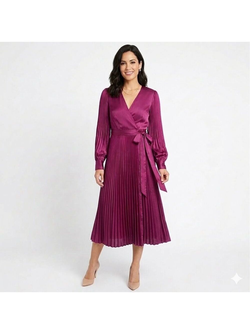 *INTERMIX Magenta Wrap Midi Dress Pleated Skirt Bishop Sleeves Size 0